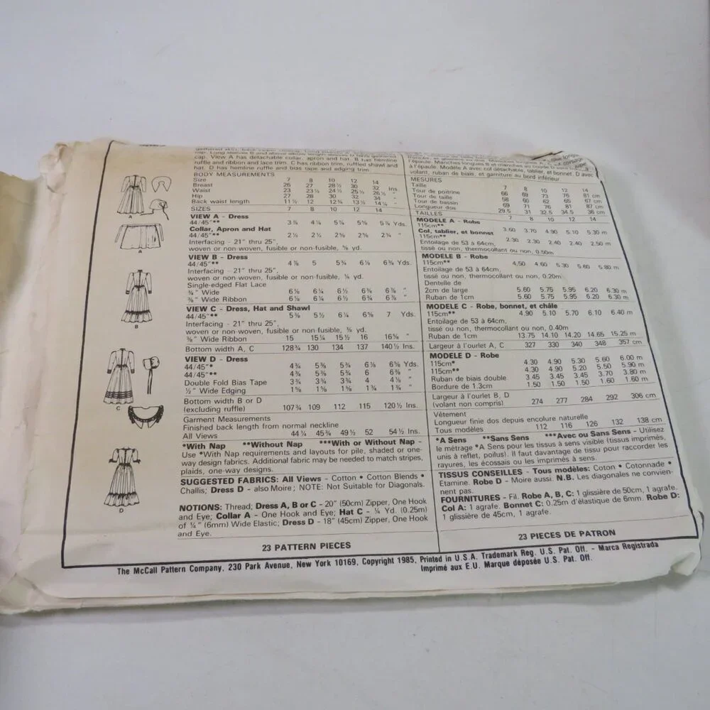 McCalls 2057 sewing pattern Hats & Dress, Prairie Dress, Pilgrim size 8